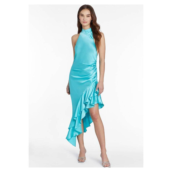 Amanda Uprichard Shaena Silk Halter Side Slit Cocktail Dress Moana Aqua Blue S - Picture 1 of 4